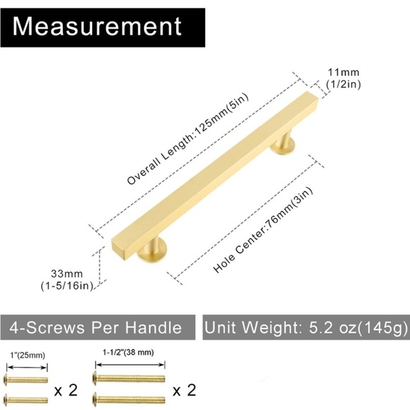 COPY - 6 - Pack Solid Brass Cabinet Pulls 3” Hole Center (in Brush Gold Finish) - Picture 4 of 12
